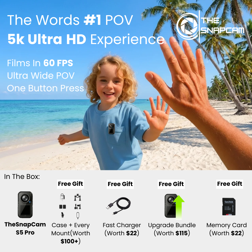 TheSnapCam Pro S5 - 5k Wide Angle 60FPS POV Action Camera Hands Free With Stabilization