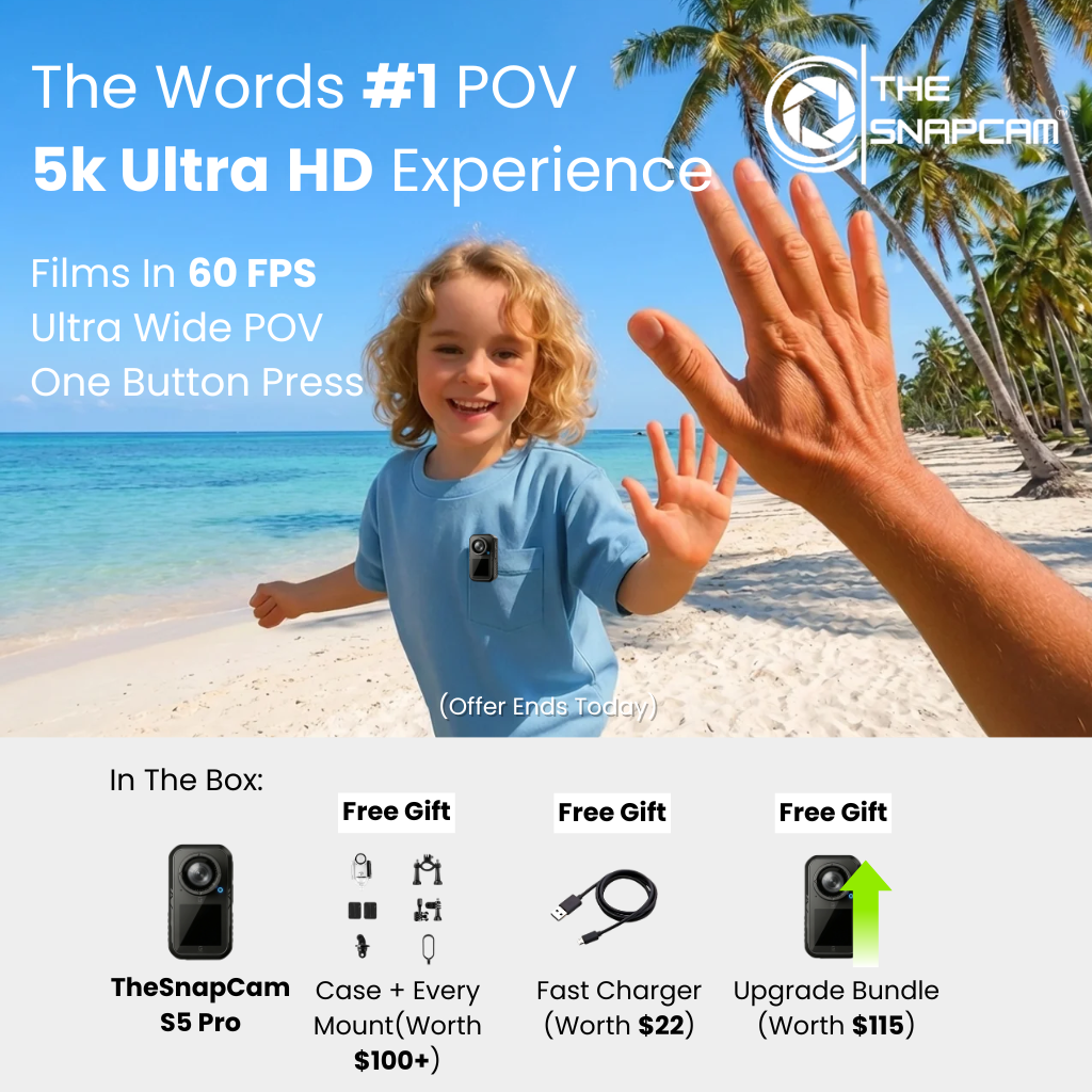 TheSnapCam Pro S5 - 5k Wide Angle 60FPS POV Action Camera Hands Free With Stabilization